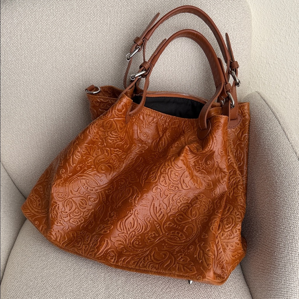 Women's Embossed Leather Tote Bag - Brown